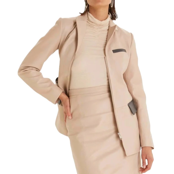 Zipper Closure Beige Leather Blazer