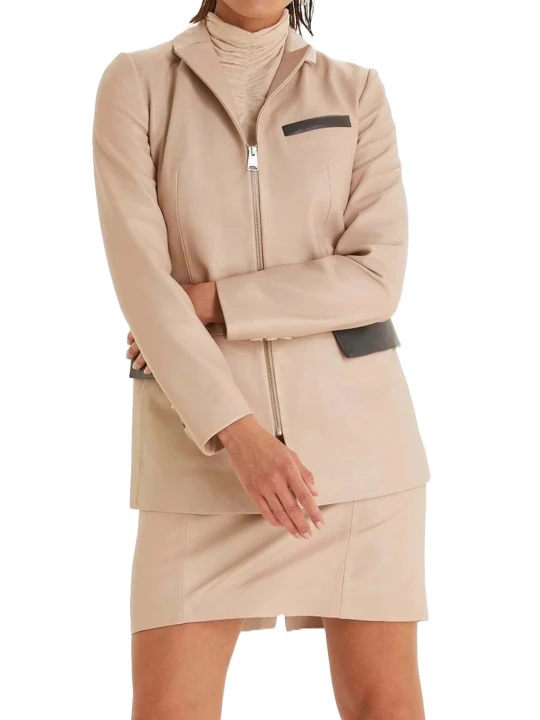 Zipper Closure Beige Leather Blazer