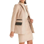 Zipper Closure Beige Leather Blazer