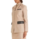 Zipper Closure Beige Leather Blazer