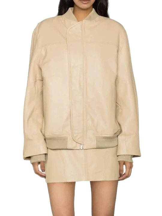 Baseball Collar Beige Leather Bomber Jacket