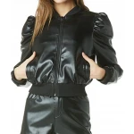 Black Cropped Leather Bomber Jacket