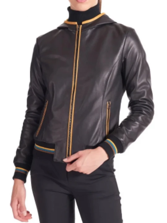 Black Leather Hooded Bomber Jacket