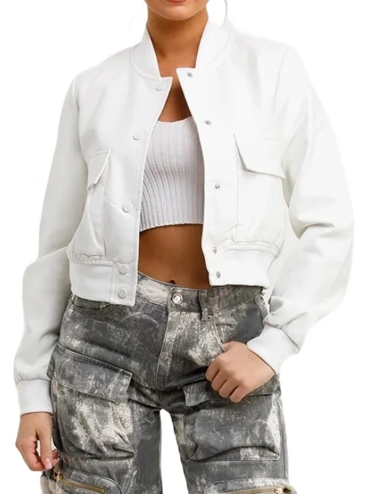 Button Fastening White Leather Bomber Jacket