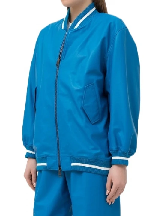Button Flaps Pockets Blue Leather Bomber Jacket
