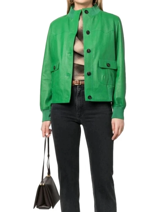 Buttoned Green Leather Bomber Jacket