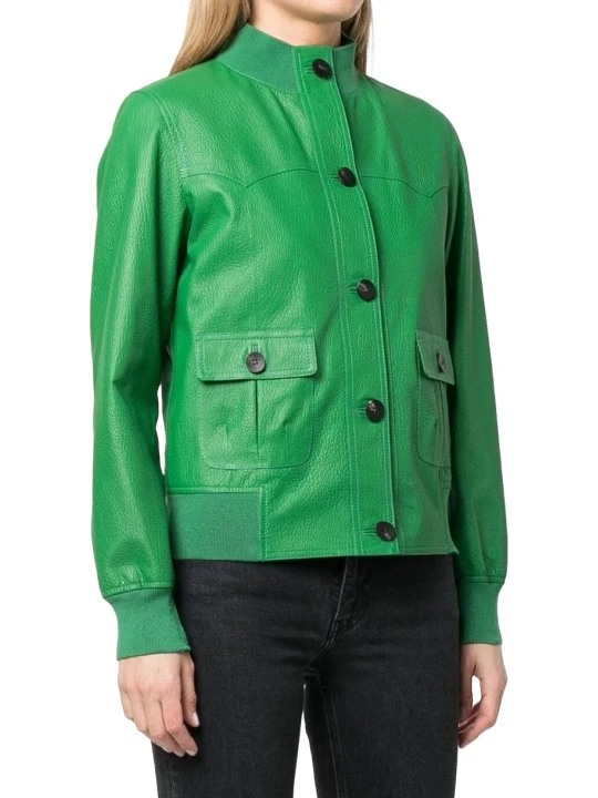 Buttoned Green Leather Bomber Jacket