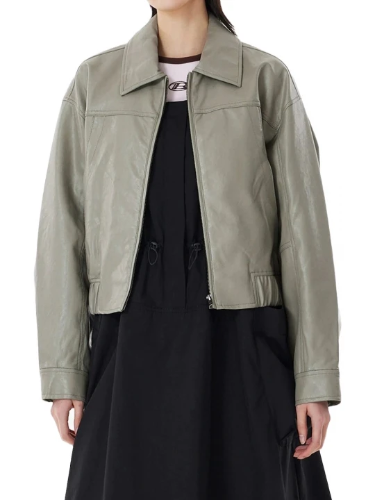 Classic Collar Grey Leather Bomber Jacket