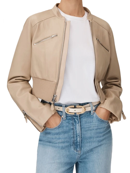 Cropped Beige Leather Bomber Jacket
