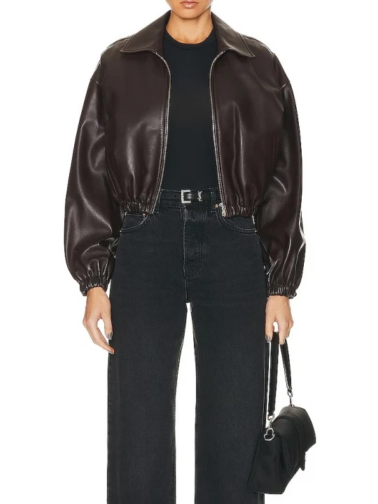 Cropped Brown Leather Bomber Jacket