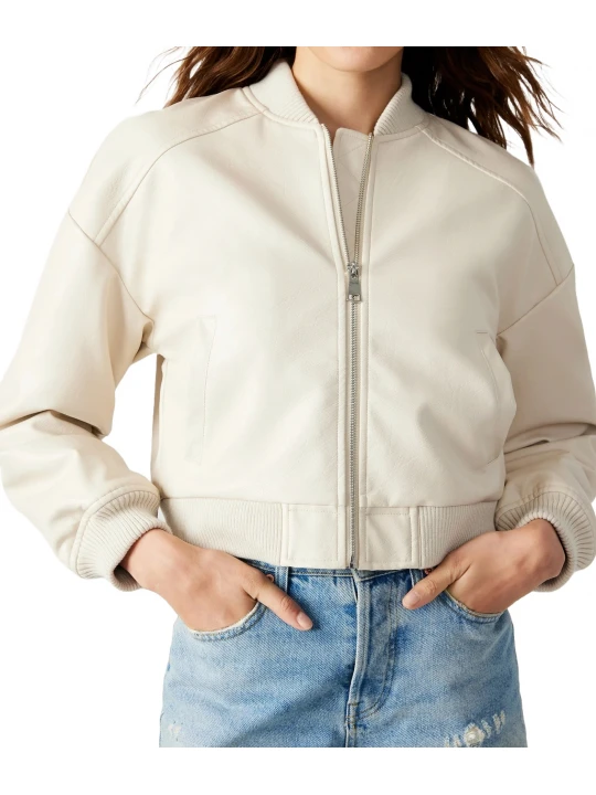 Cropped Cream Leather Bomber Jacket