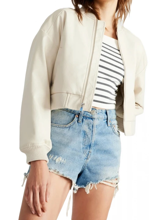 Cropped Cream Leather Bomber Jacket