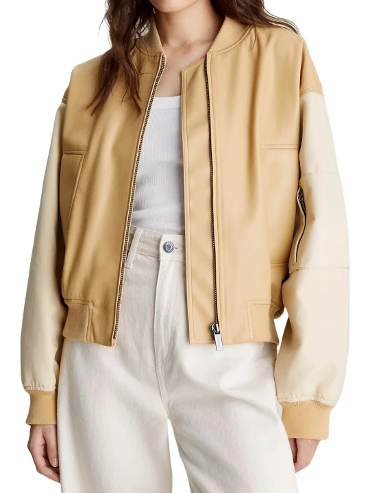 Double Color Beige Leather Bomber Jacket