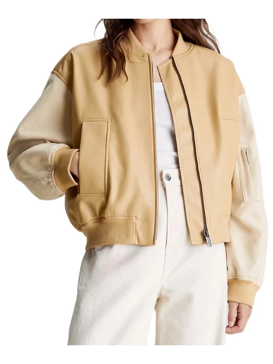 Double Color Beige Leather Bomber Jacket