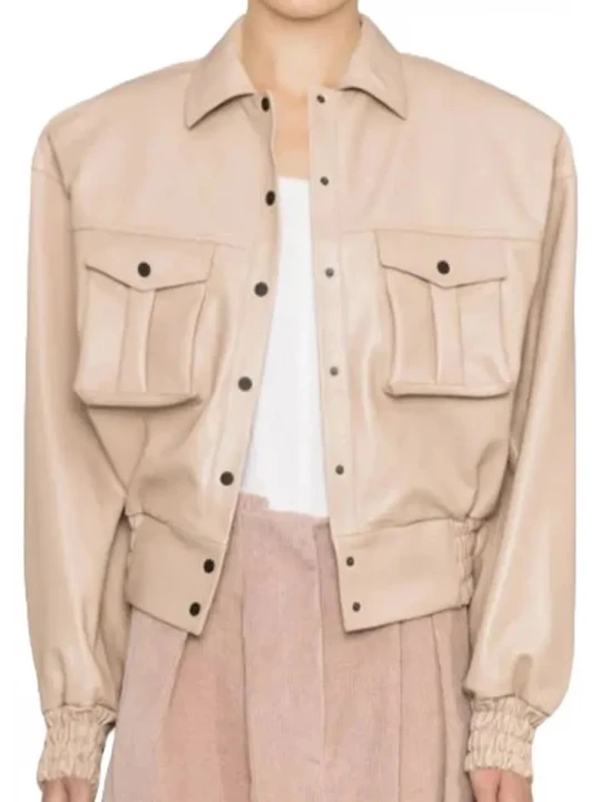 Elastic Hemline Beige Leather Bomber Jacket