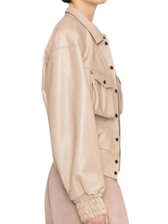 Elastic Hemline Beige Leather Bomber Jacket