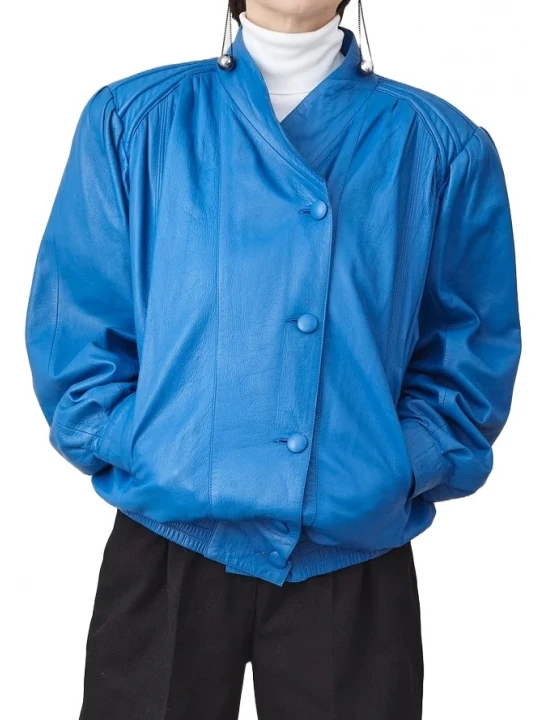Elastic Waist Blue Leather Bomber Jacket