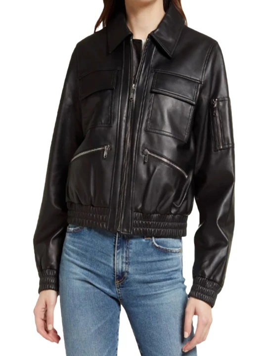 Front Pockets Black Leather Bomber Jacket