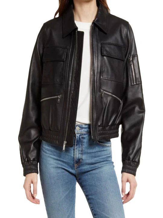 Front Pockets Black Leather Bomber Jacket