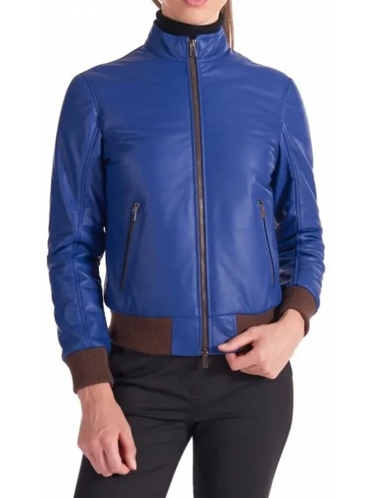 High Collar Blue Leather Bomber Jacket