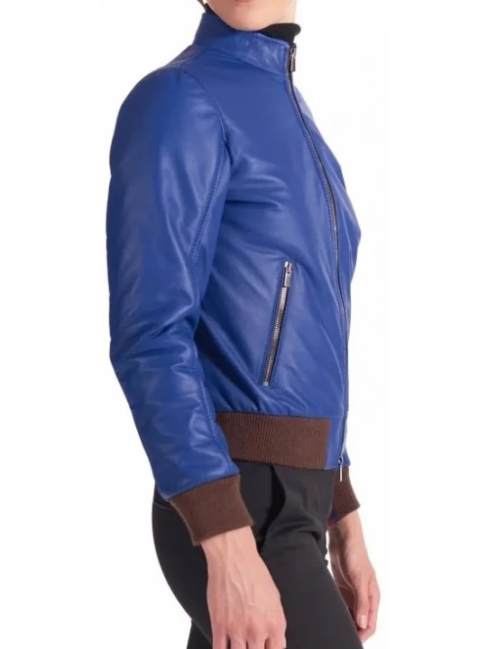 High Collar Blue Leather Bomber Jacket