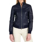 High Collar Navy Blue Leather Bomber Jacket
