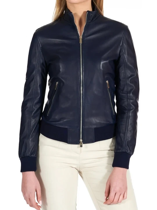 High Collar Navy Blue Leather Bomber Jacket