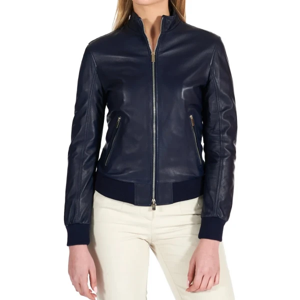 High Collar Navy Blue Leather Bomber Jacket