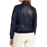 High Collar Navy Blue Leather Bomber Jacket