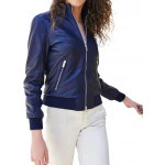 High Collar Navy Blue Leather Bomber Jacket