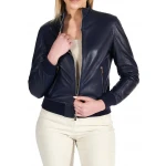 High Collar Navy Blue Leather Bomber Jacket