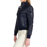 High Collar Navy Blue Leather Bomber Jacket