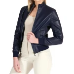 High Collar Navy Blue Leather Bomber Jacket