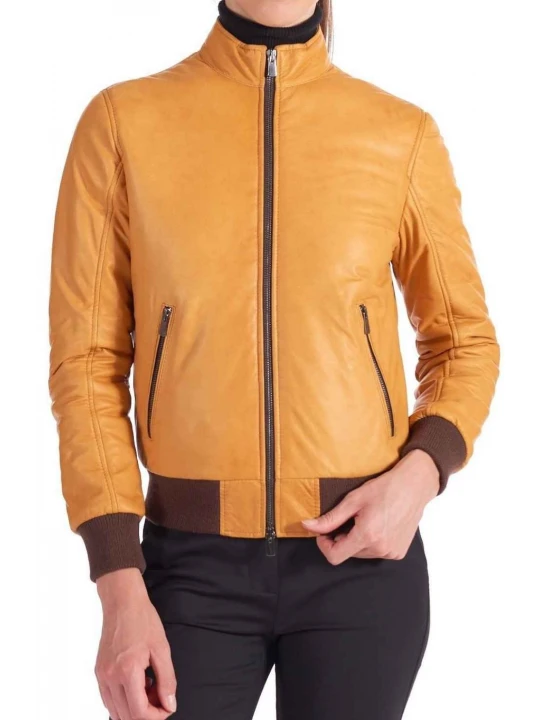 High Collar Tan Leather Bomber Jacket