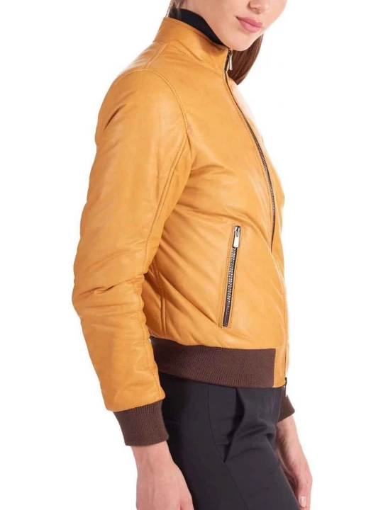 High Collar Tan Leather Bomber Jacket