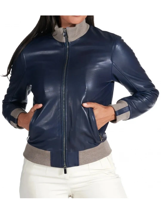 High Neck Navy Blue Leather Bomber Jacket