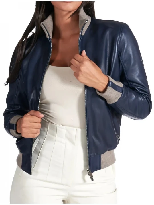 High Neck Navy Blue Leather Bomber Jacket