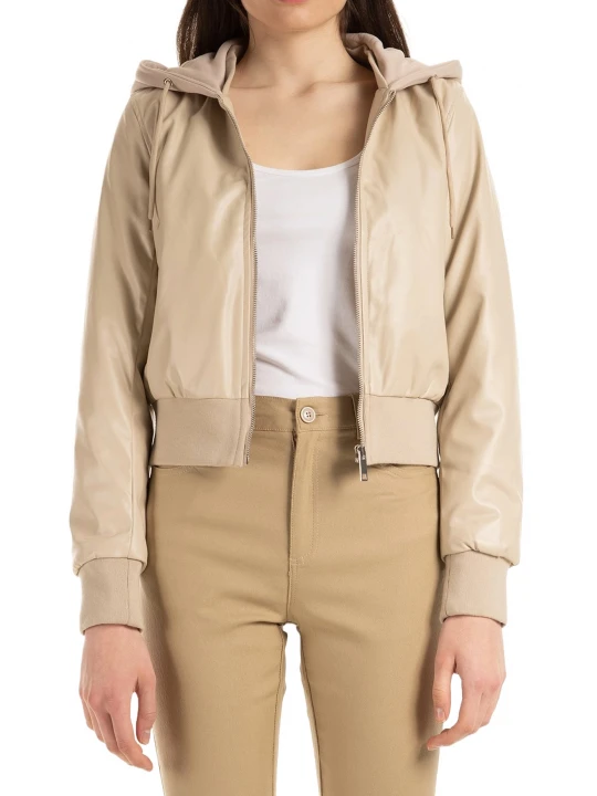 Hooded Beige Leather Bomber Jacket
