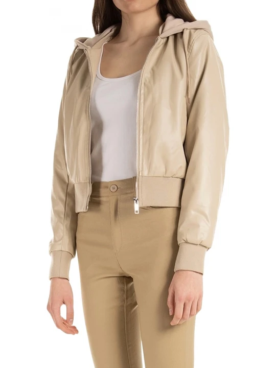 Hooded Beige Leather Bomber Jacket