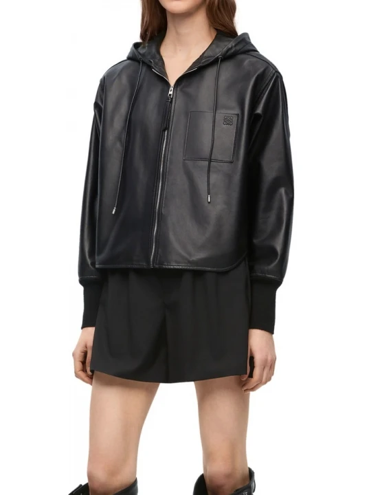 Hooded Black Leather Bomber Jacket