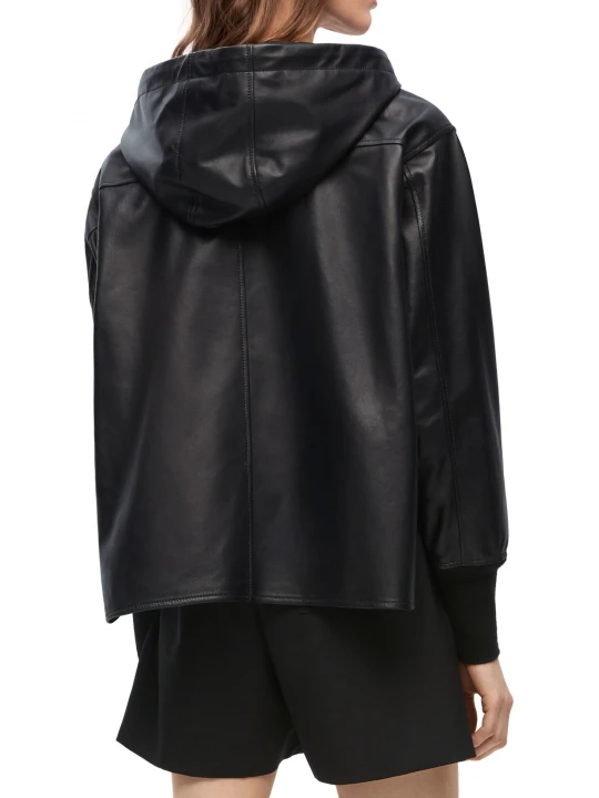 Hooded Black Leather Bomber Jacket