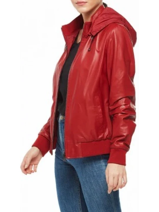 Hooded Red Leather Bomber Jacket