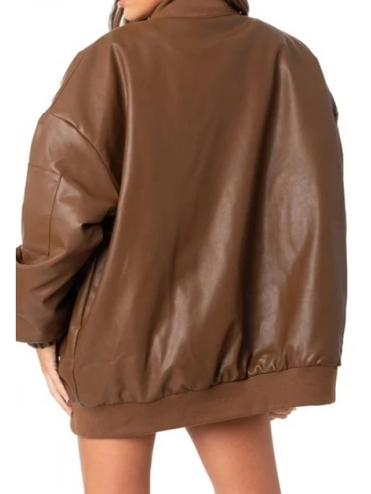 Oversize Brown Leather Bomber Jacket