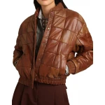 Patch Detailing Vintage Brown Leather Bomber Jacket