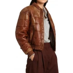 Patch Detailing Vintage Brown Leather Bomber Jacket
