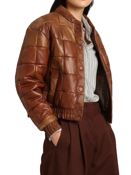Patch Detailing Vintage Brown Leather Bomber Jacket