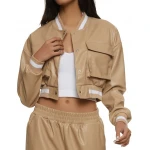 Patch Pockets Beige Leather Bomber Jacket