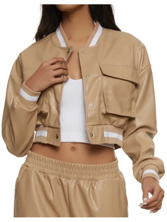Patch Pockets Beige Leather Bomber Jacket