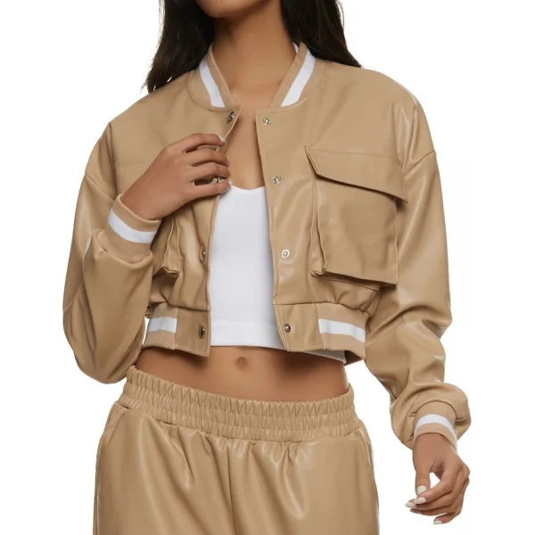 Patch Pockets Beige Leather Bomber Jacket