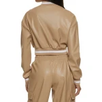 Patch Pockets Beige Leather Bomber Jacket